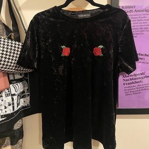 Black Crushed Velvet Rose Tee